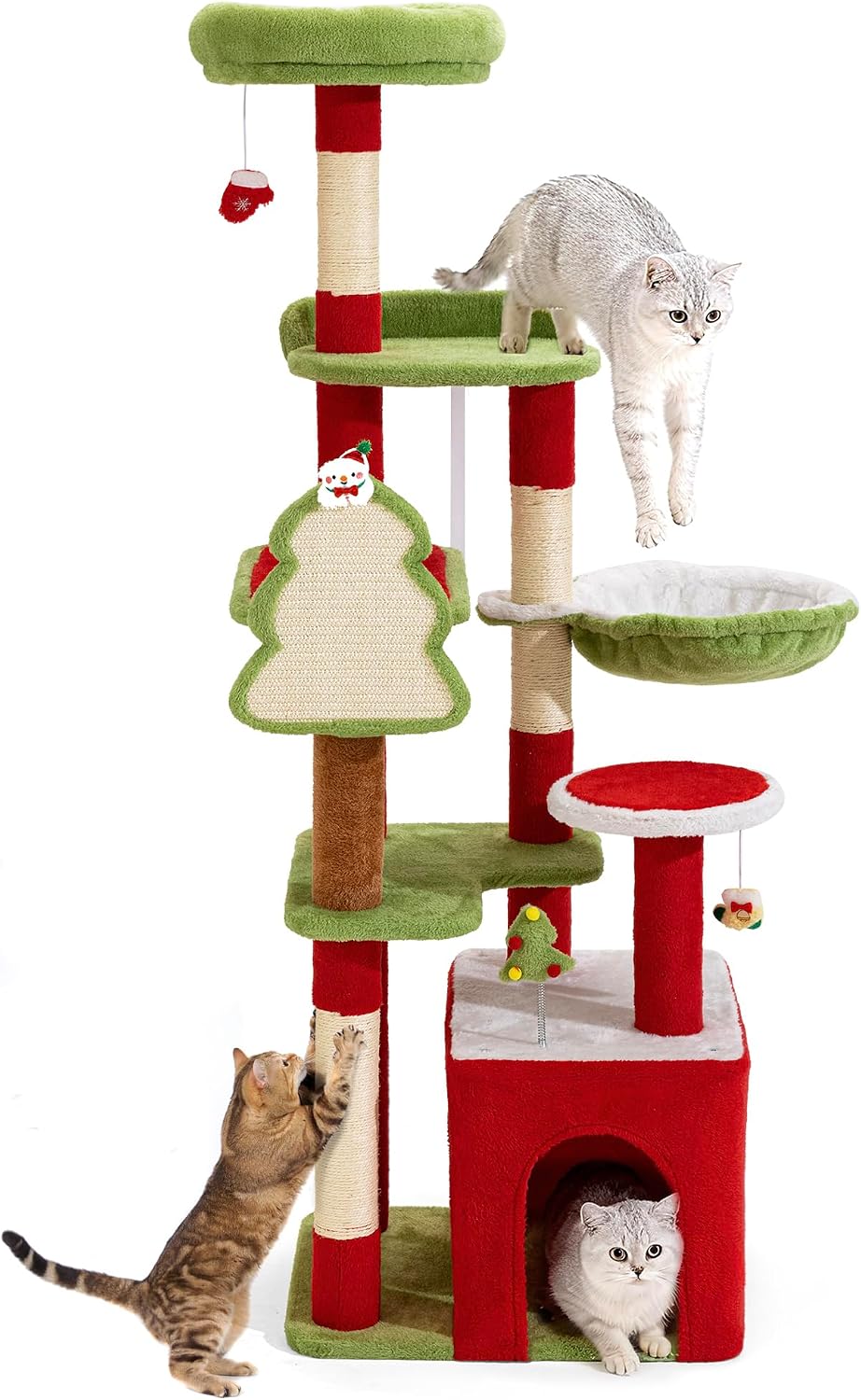 COSIEST Christmas Cat Tree Tower for Indoor Cats, 55in Multi-Level Climbing Tower with Top Perches, Hammock, Cat Condos, Sisal Scratching Posts and Board, for Cats