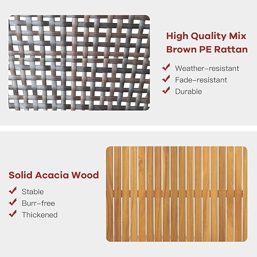 Miniatura 7 de PATIOJOY Juego de 4 muebles de madera de acacia para exteriores juego de conversación de mimbre de polietileno para exteriores con mesa auxiliar y