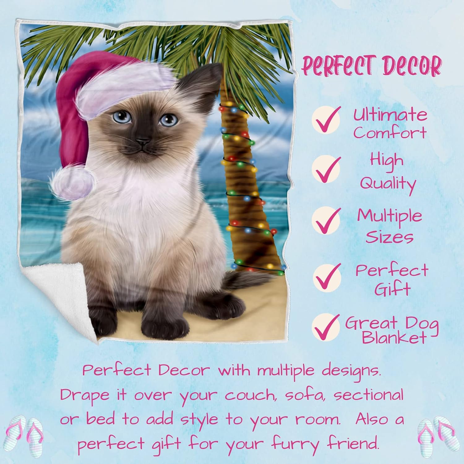 Doggie of the Day Siamese Cat Blanket - Christmas Summertime Beach - Super Soft & Warm Pet Theme for Sofa or Bed, Warm Fleece, Sherpa or Woven Material, BLNKT163761 (50x60 Woven)