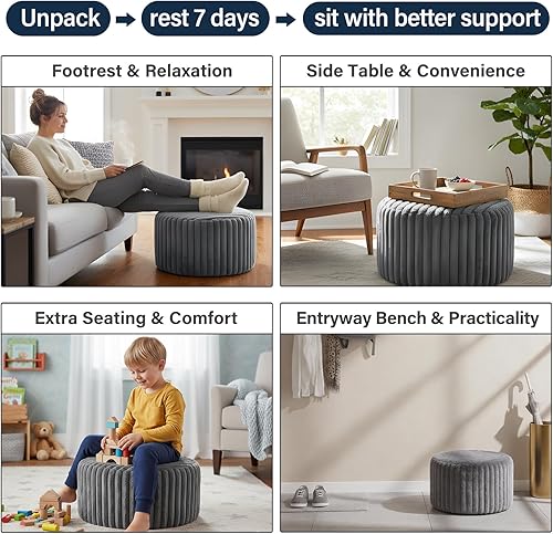 Miniatura 4 de Tiita Puf Otomán Redondo Relleno, Pufs de Piel Sintética a Rayas con Relleno de Trozos de Espuma, Puf Peludo y Esponjoso de 21 x 21 x 12 pulgadas,