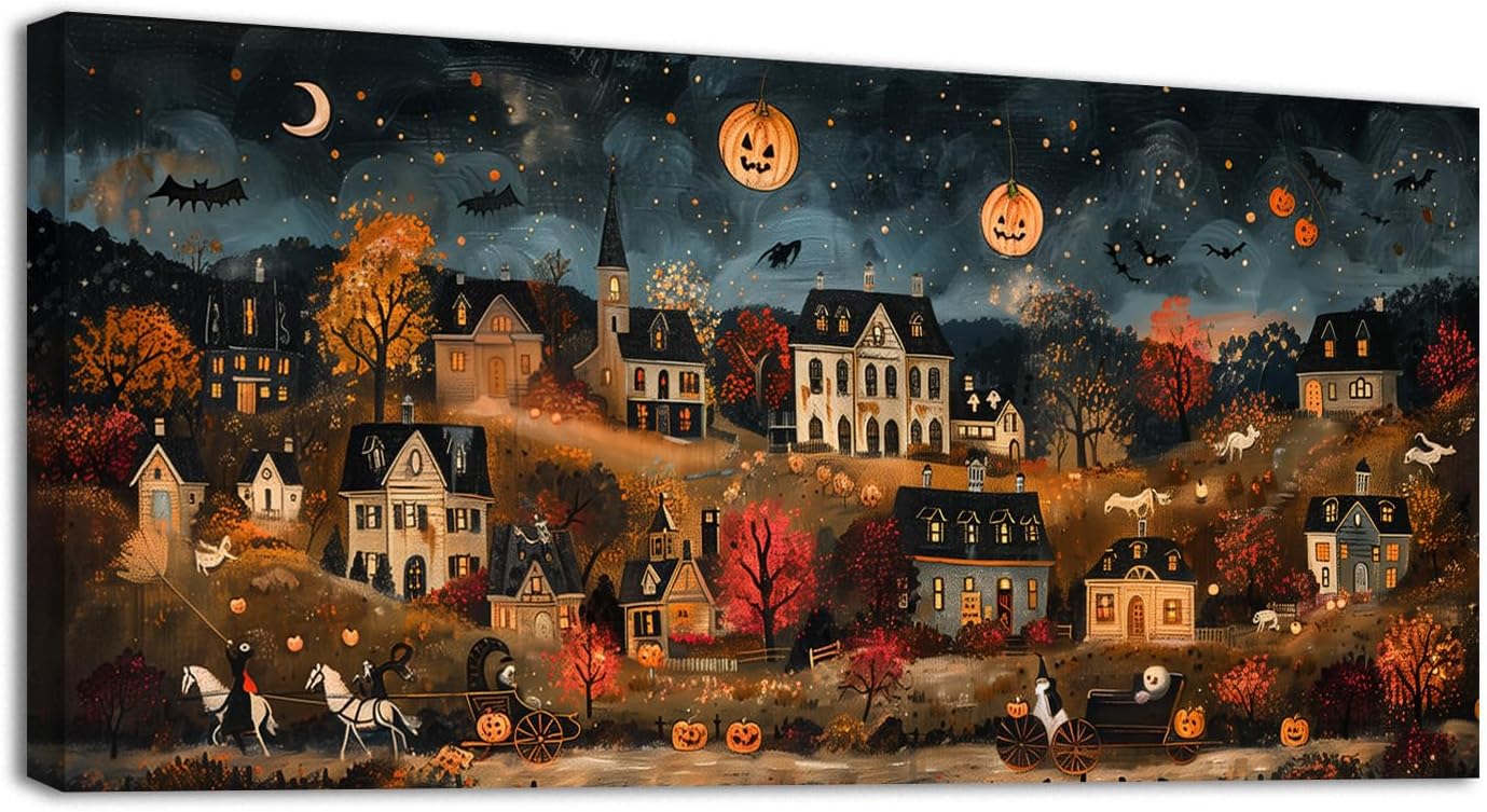 YONICA Vibrant Cartoon Canvas Poster Halloween Town