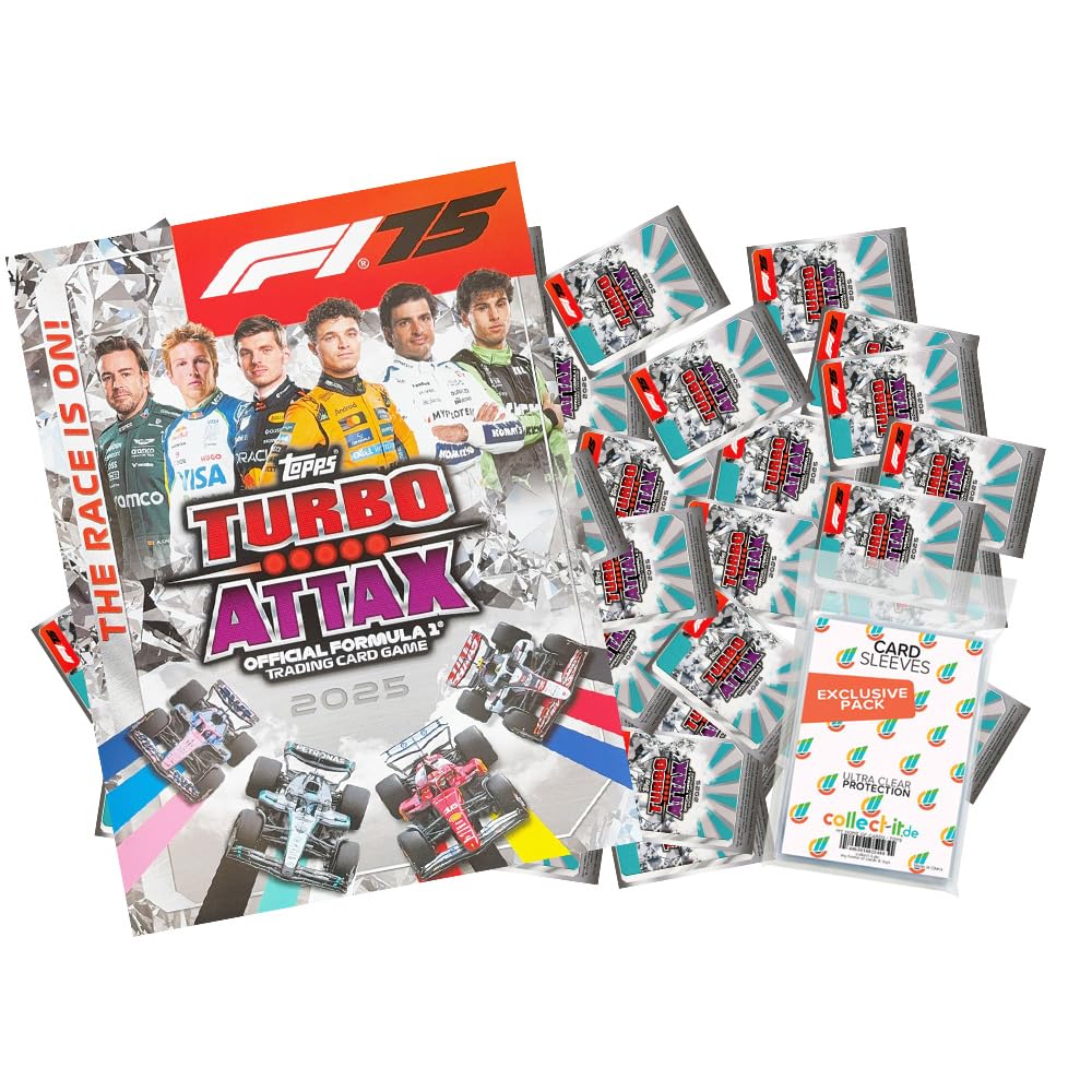 Bundle with Topps Turbo Attax Formula 1 2025 Trading Cards + Exclusive Collect-it Cases (1 Empty Portfolio Folder + 50 Different Random Cards)