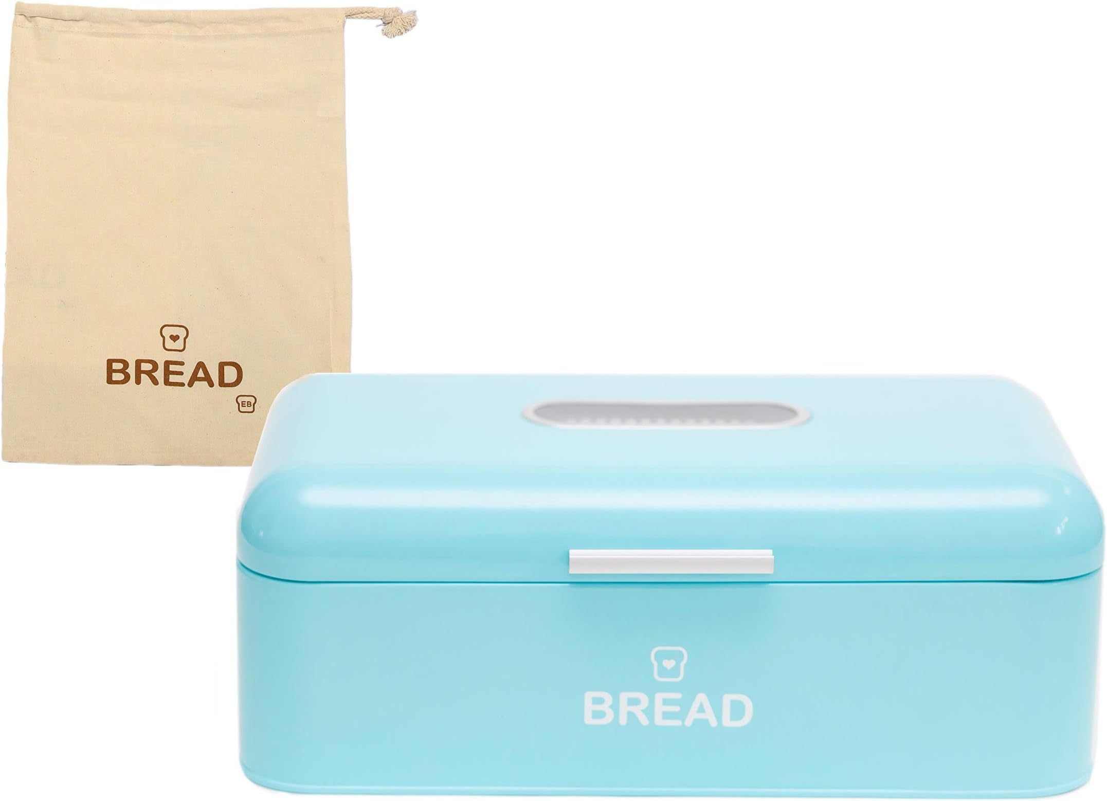 Vintage Bread Box For Kitchen Stainless Steel Metal 16.5" X 9" X 6.5" With Viewing Window + Free Bread Bag; Large Bread, Loaves, Pasgtires Bin Storage, Turquoise