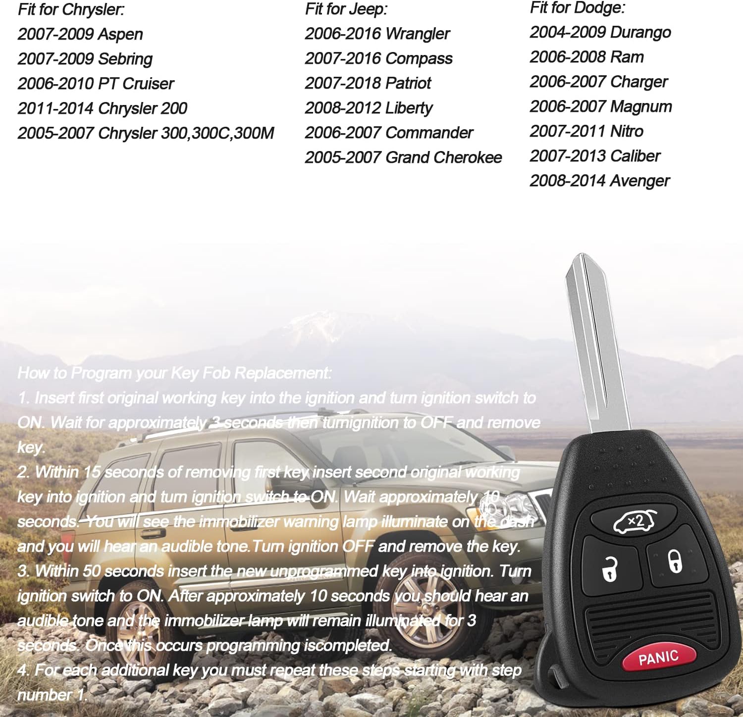 4 Buttons Key Fob Replacement fits for Chrysler 300c 200 Sebring Aspen, Dodge Charger Avenger Nitro,Jeep Commander Grand Cherokee Liberty Keyless Entry Remote Fobs P/N: OHT692427AA (Pack of 2)