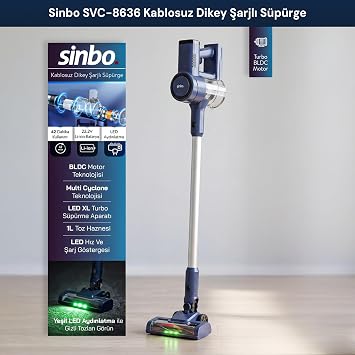 Sinbo SVC-8636 Şarjlı Dikey Süpürge, Kablosuz BLDC Motorlu, 42 Dakikaya Kadar Kullanım, 20 kPa Emiş Gücü, 1 L Toz Haznesi, HEPA Filtreli