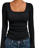 AUTOMET Women's Ribbed Square Neck Long Sleeve Top - Slim Fit Casual Crop Tee for Fall Winter Spring