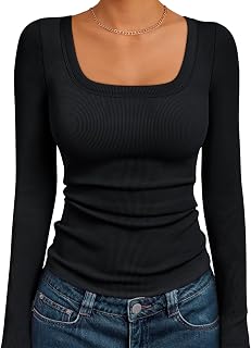 AUTOMET Women's Ribbed Square Neck Long Sleeve Top - Slim Fit Casual Crop Tee for Fall Winter Spring