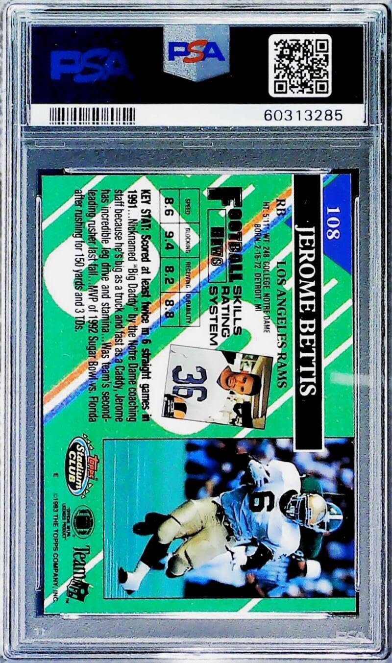 1993 Stadium Club Football Jerome Bettis Rams #108 PSA 10 Gem Mint Trading Card