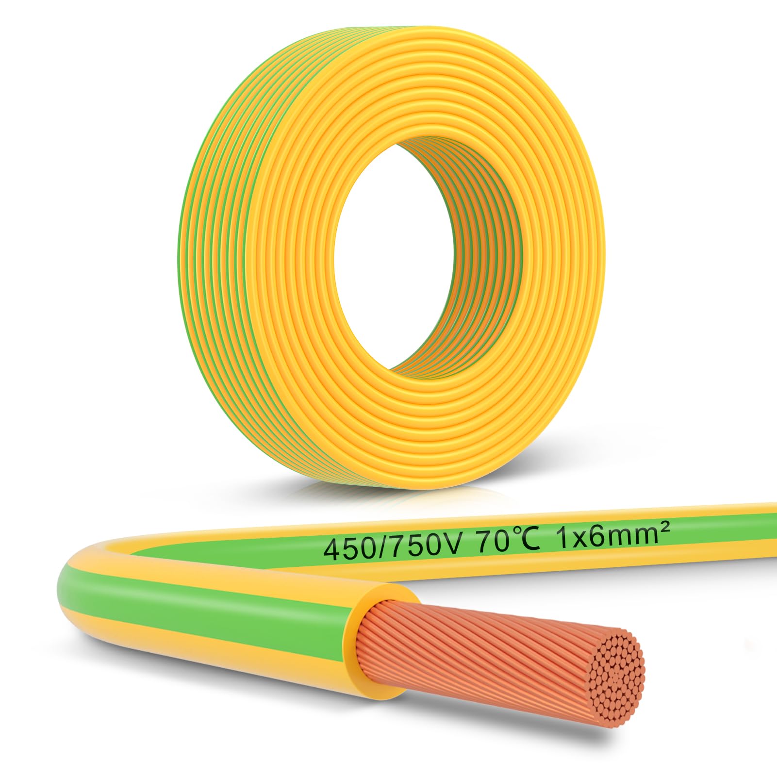 LightingWill Câble de terre flexible en PVC vert et jaune 30 m, 1 x 6 mm², 6 mm², pour applications de mise à la terre et installations électriques
