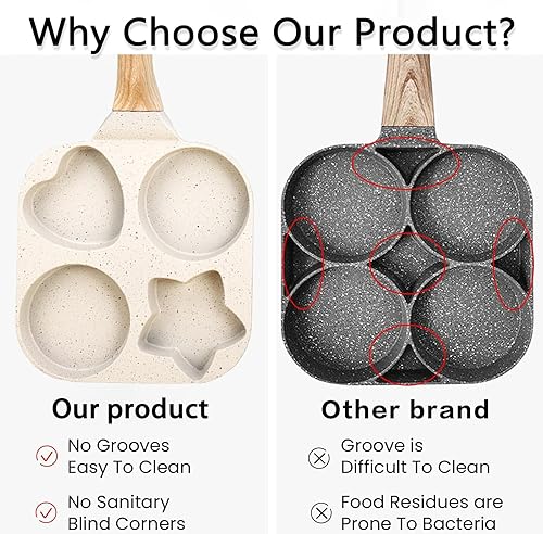 Miniatura 4 de JUSTUP Sartén antiadherente, sartén para huevos de 4 tazas, sartén dividida antiadherente, sartén de granito saludable de 7.5 pulgadas con mango