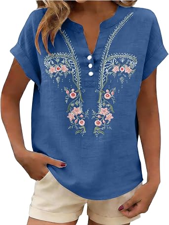 Cotton Linen Shirts for Women,Womens Short Sleeve Embroidered Floral Tops Ladies Blouses Summer Elegantes Clothing 2026