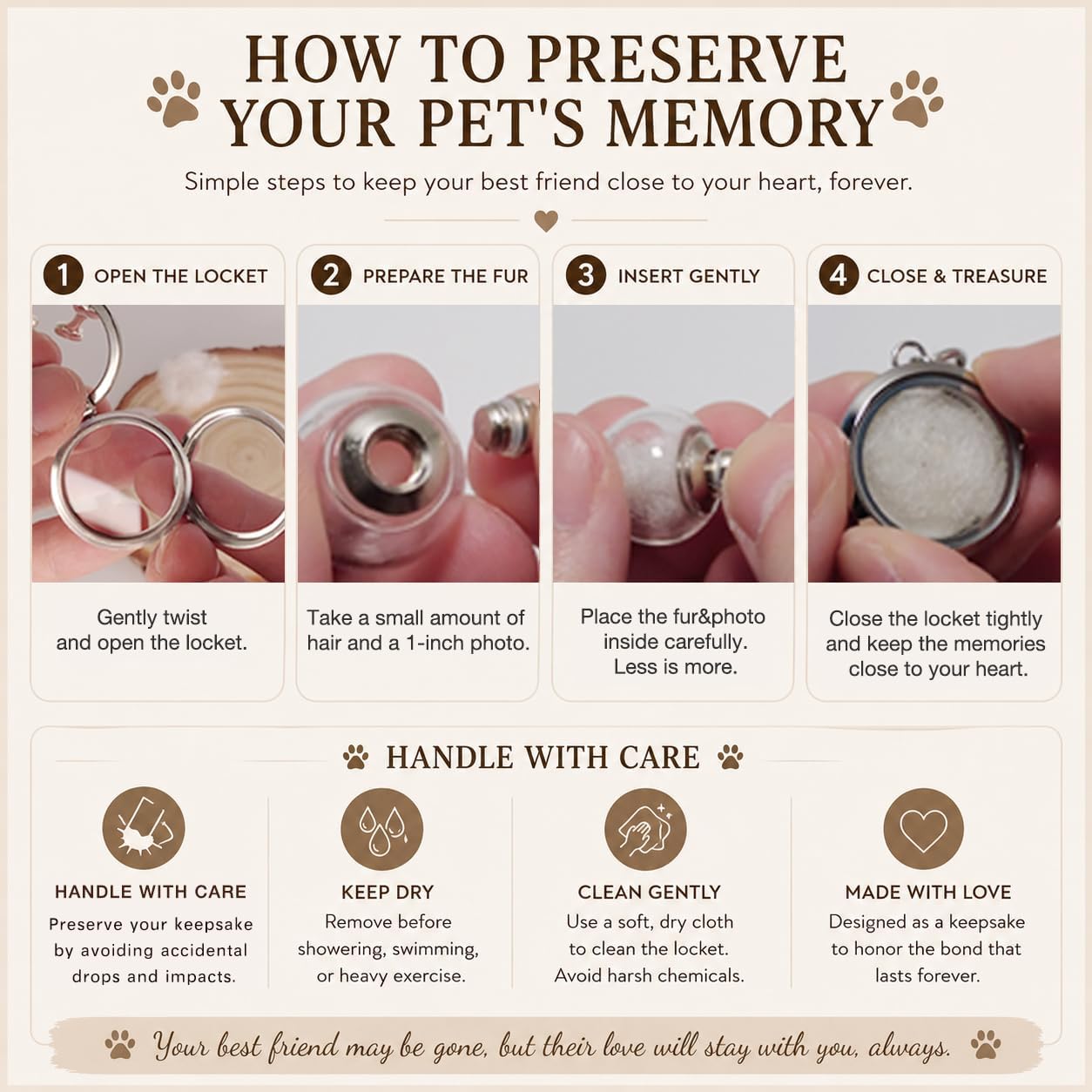 Cat Fur Keepsake Keychain with Ashes Locket, Pet Memorial Gifts for Cats | Holds Fur, Whiskers, Ashes or Photo in One Locket; Pet Loss Sympathy Gift to Honor a Beloved Cat