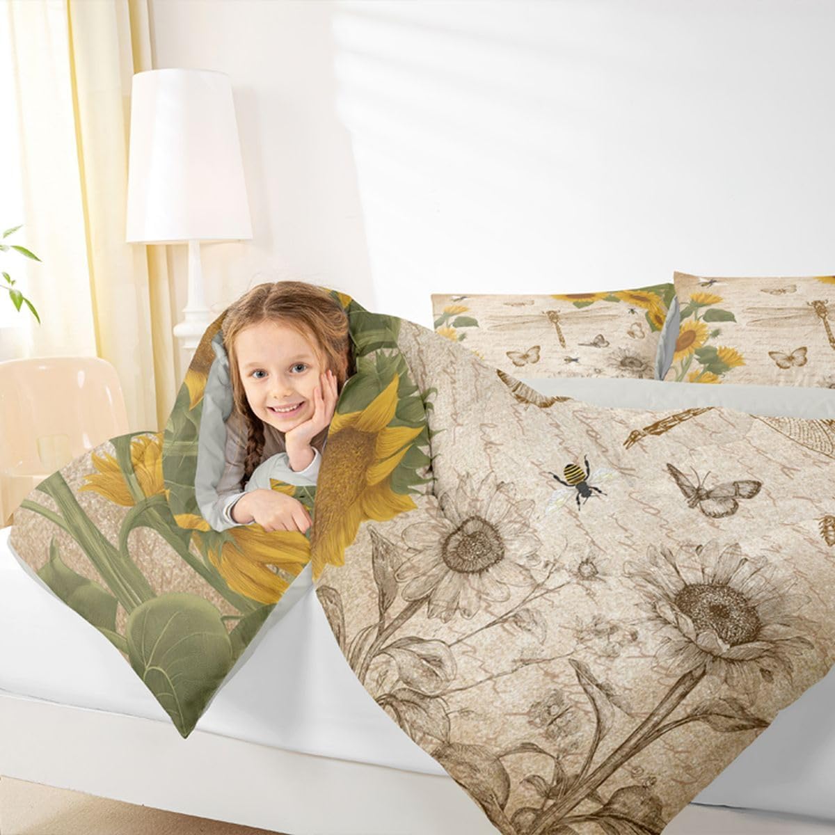 Dragonfly Bedding Sets Queen Botanical Floral Comforter Set Sunflower Bedding for Boys Girls Vintage Style Duvet Insert Wild Animals Dragonfly Quilt Field Floral Fresh Natural Pastoral Spring Bedding