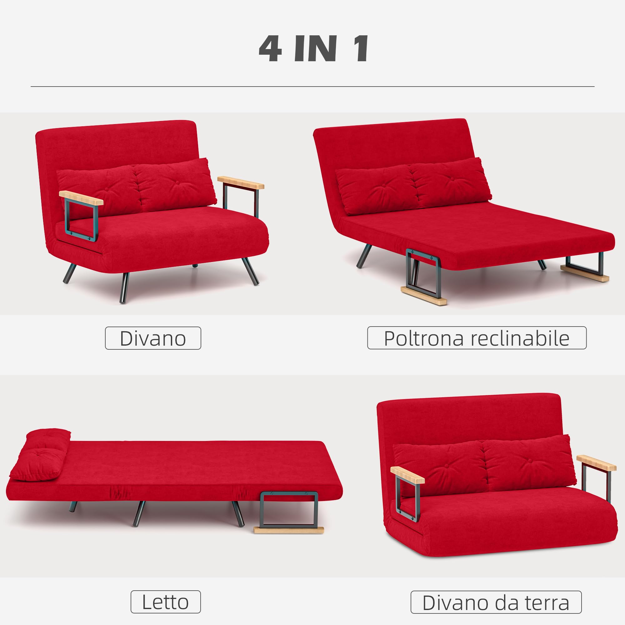 HOMCOM 4 in 1 Divano Letto 2 Posti, con Schienale Regolabile in 5 Posizioni, Divano Letto Matrimoniale Pieghevole con 2 Cuscini, Seduta Imbottita, in Velluto per Casa e Ufficio, 102x73x81 cm, Rosso