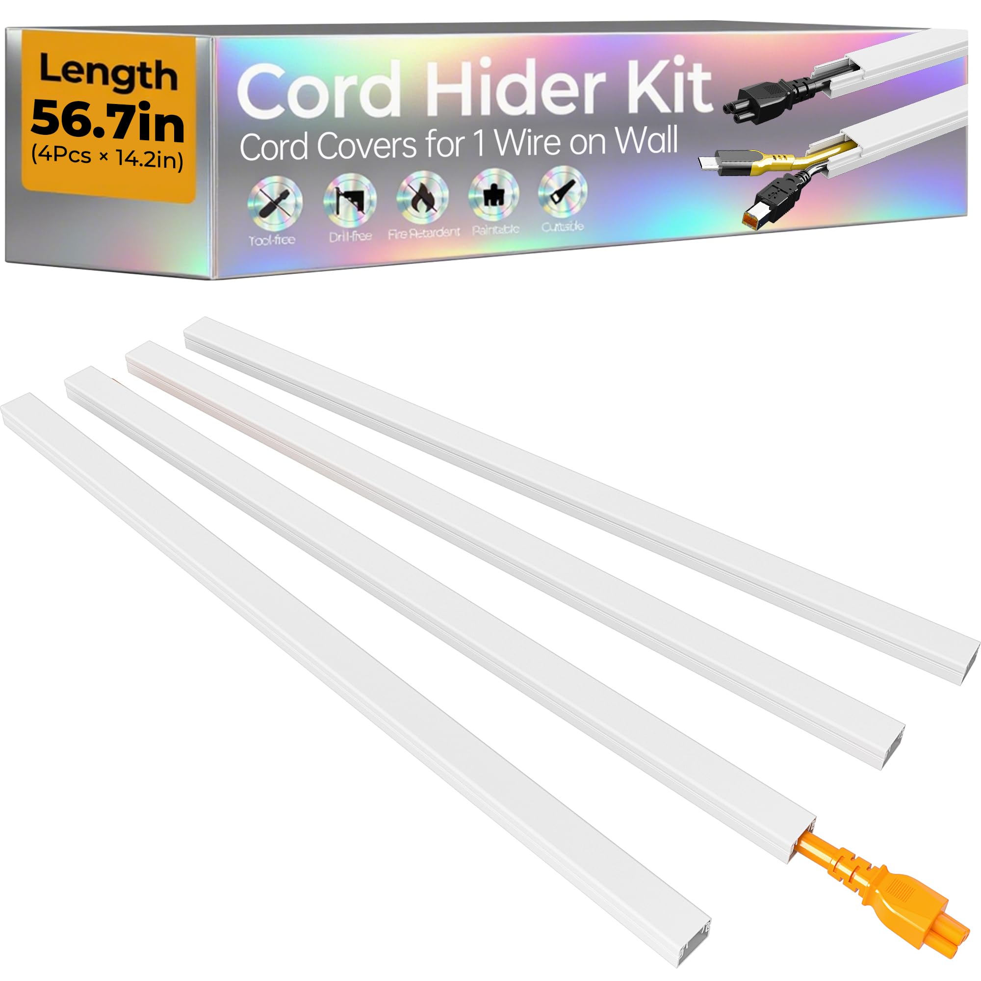 Photo 1 of 56.7in Cable Hider Cord Hider, Wire Covers for 1 Cord on Wall, Premium Cord Covers for Wires on Wall, Easy Set-up Wire Hider to Hide Tv Wires, Lamp, Speaker Cords, W0.59 H0.4in, White