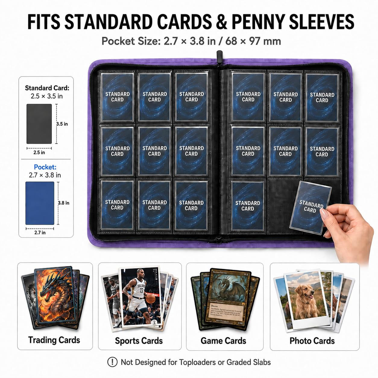 Raccoglitore per carte collezionabili, 9 tasche, raccoglitore di carte di alta qualità, per 360 carte, resistente album per carte a caricamento laterale, con cerniera, perfetto per carte TCG, MTG e