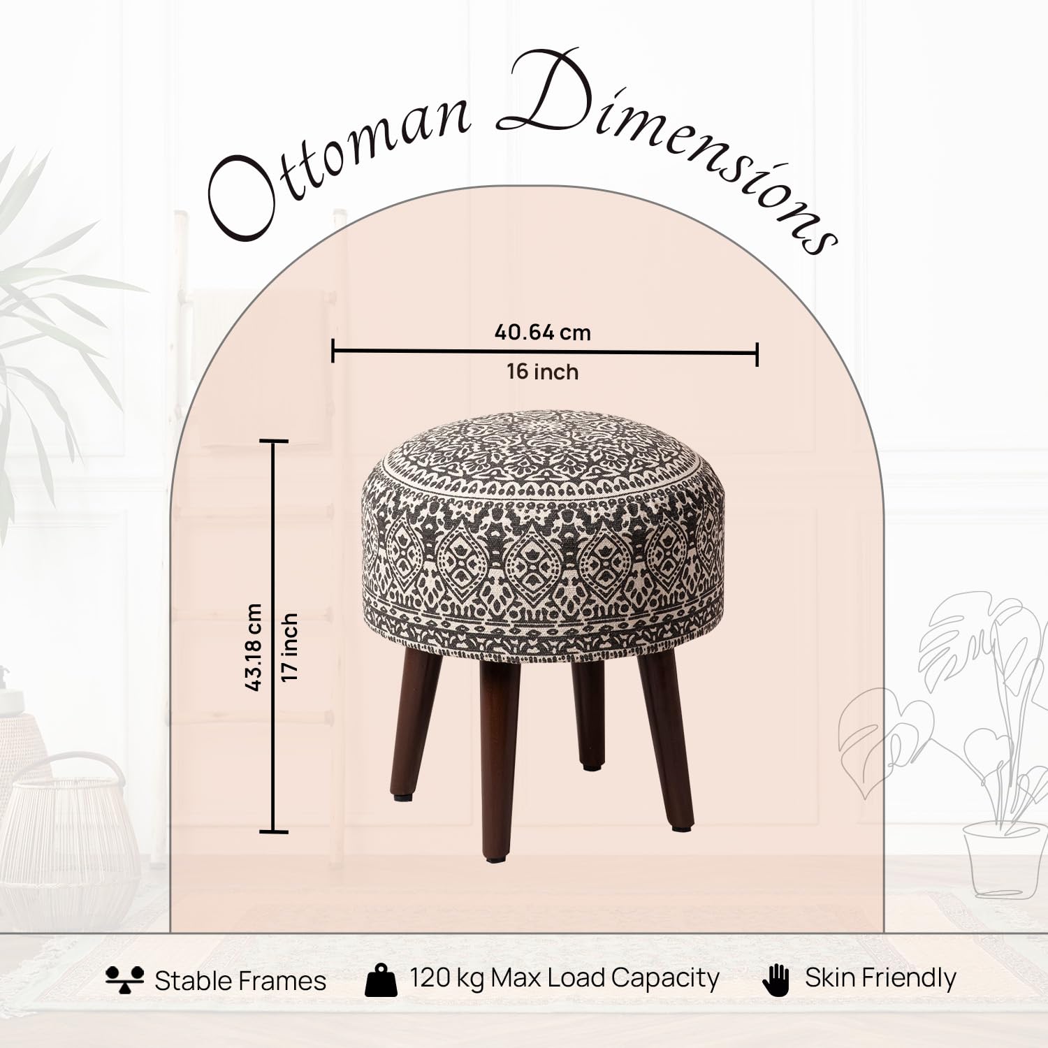 nestroots Set of 2 Wooden Ottoman Stools for Living Room | Printed Pouffes for Sitting, Foot Rest with 4 Wooden Legs | 17 Inch Height, Grey | Stylish & Comfortable Furniture for Home Décor 1