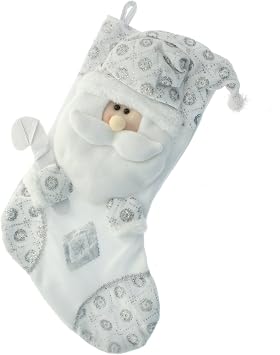 WeRChristmas Christmas Stocking with 3D Santa Claus Head Decoration, 48 cm - Silver/White