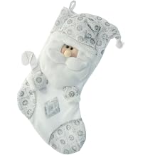 Christmas Stocking with 3D Santa Claus Head Decoration, 48 cm - Silver/White