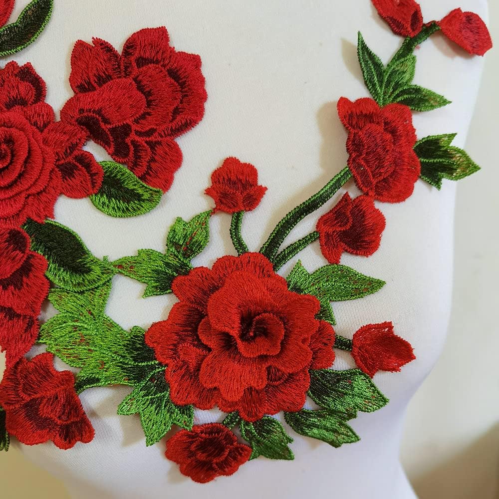 3pcs(Set) Flowers Embroidered Patch Sticker for Clothing Jacket Jeans Lace Applique DIY Clothes Decorations Fabric Patches (Red)