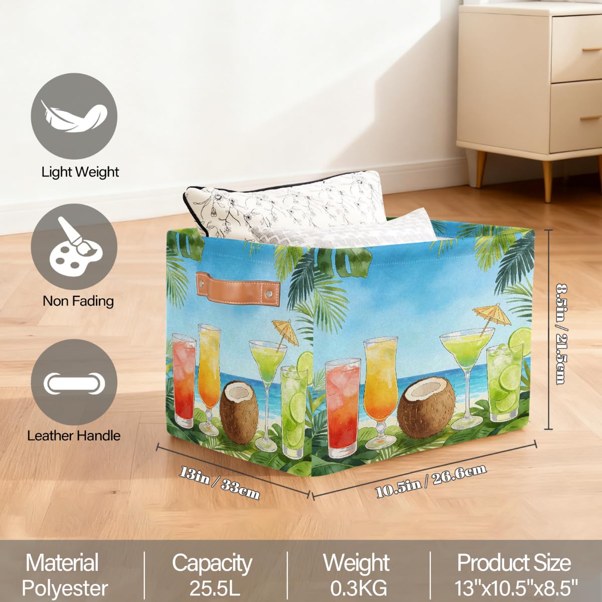Sommer-Cocktail-Aufbewahrungskorb aus Kokosnuss, rechteckig, mit Ledergriffen, faltbarer Stoff-Aufbewahrungskorb für Schrank, Badezimmer, Wohnzimmer, Büro, Spielzeug, Organizer, Wäschekorb, 2