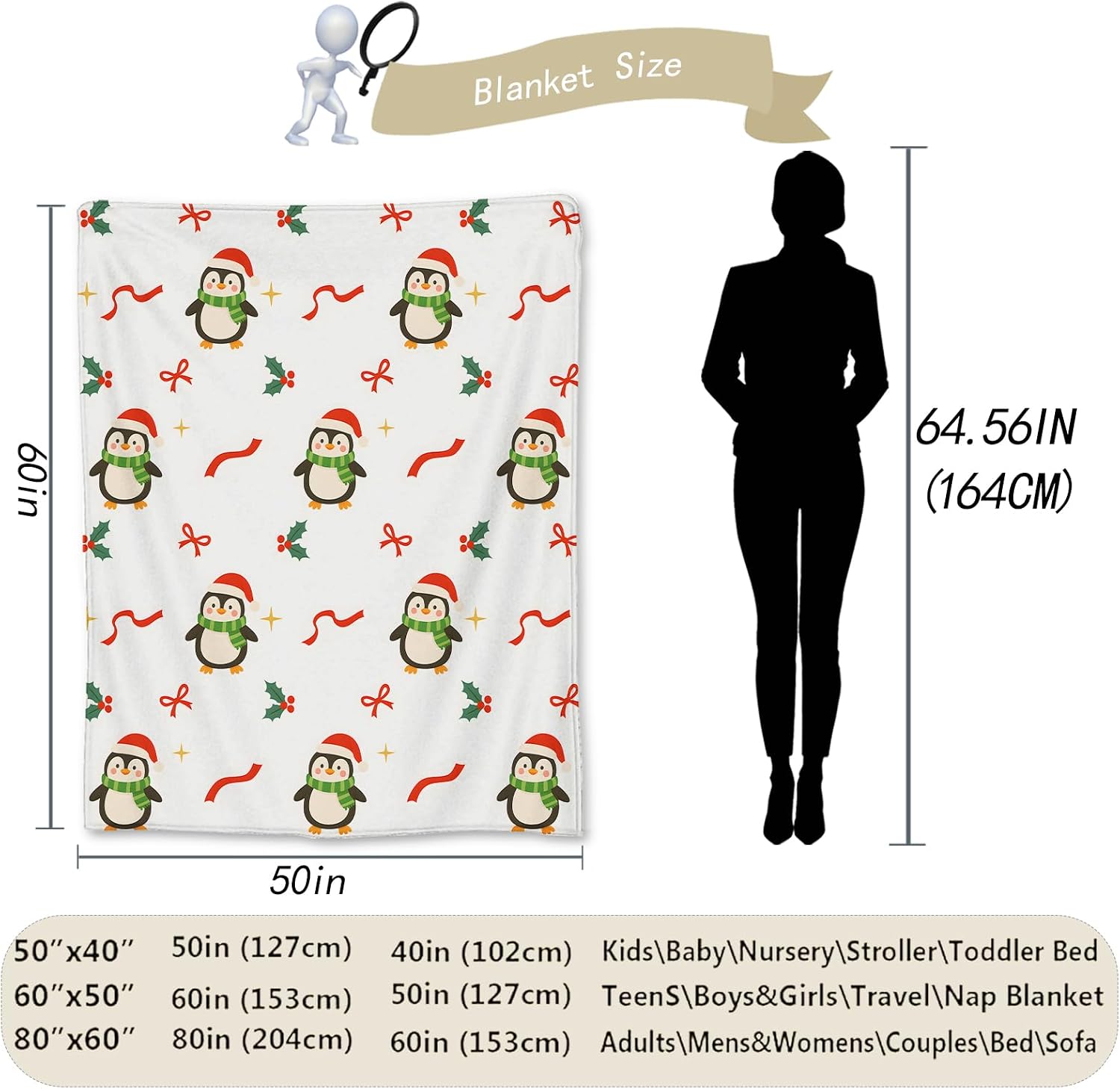 Christmas Penguin Blanket, Soft Lightweight Flannel Cute Penguins in Santa Hats Throw Blanket for Couch, Bed, Travel & Holiday Decor Gifts, Cozy Warm Fuzzy Blankets for Adults Women Kids 60×50 in
