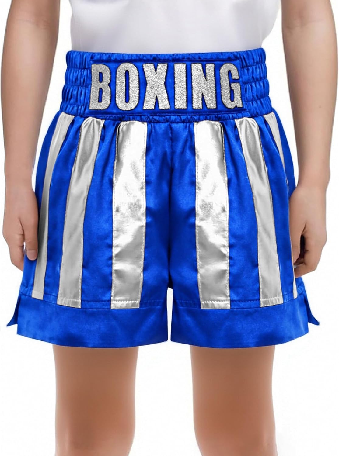 Boys Sides Slit Metallic Boxing Shorts Color Block Satin Kickboxing Muay Thai Trunks Themed Party Dress Up