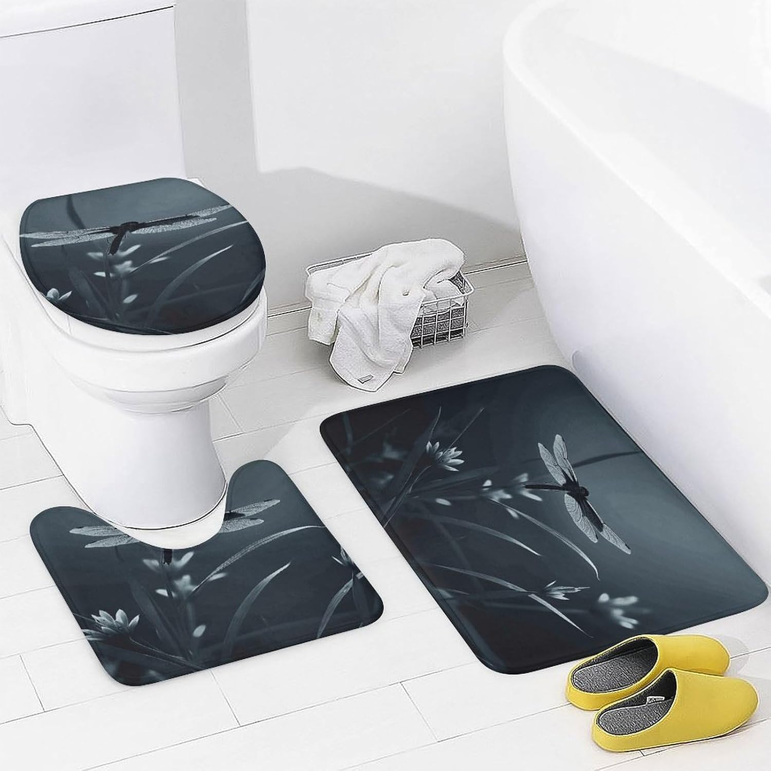 Dragonfly Silhouette 4Pcs Shower Curtain Set with Non-Slip Rugs, Toilet Lid Cover and Bath Mat,Bathroom Set Decor Accessories,Curtain Set with 12 Hooks, 72 X 72 Inch