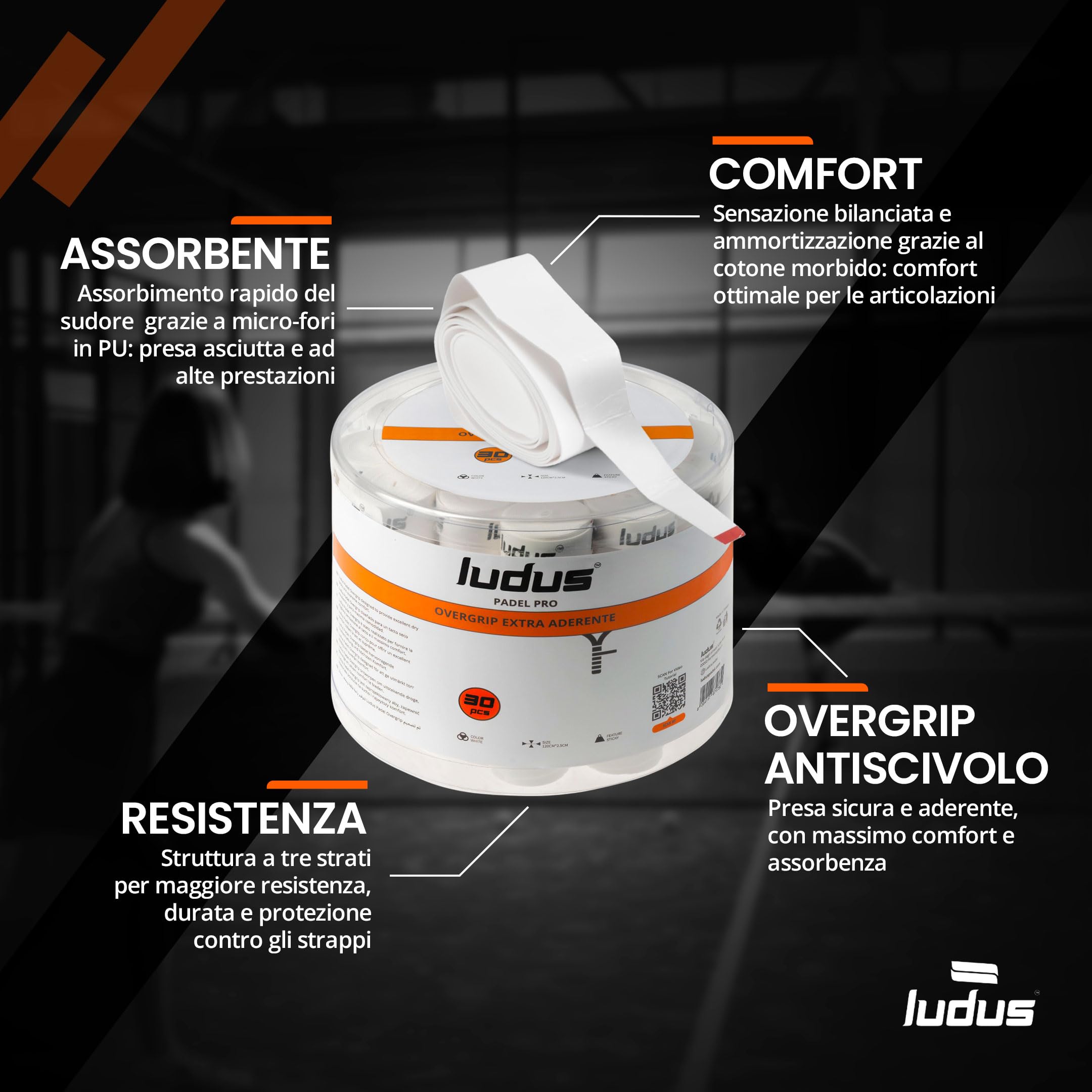 Ludus™ Overgrip Professionale Padel Extra Grip Appiccicoso | Impugnatura Antiscivolo e Assorbe Sudore | Set 4-6-12-30-60 Pezzi | Migliora Presa e Comfort per Racchette Padel Tennis