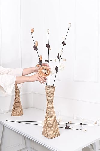 Miniatura 7 de Leewadee Jarrón grande de mimbre Soporte para flores hecho a mano de bambú y basta, sofisticado embudo para ramas decorativas, 16 pulgadas, crudo