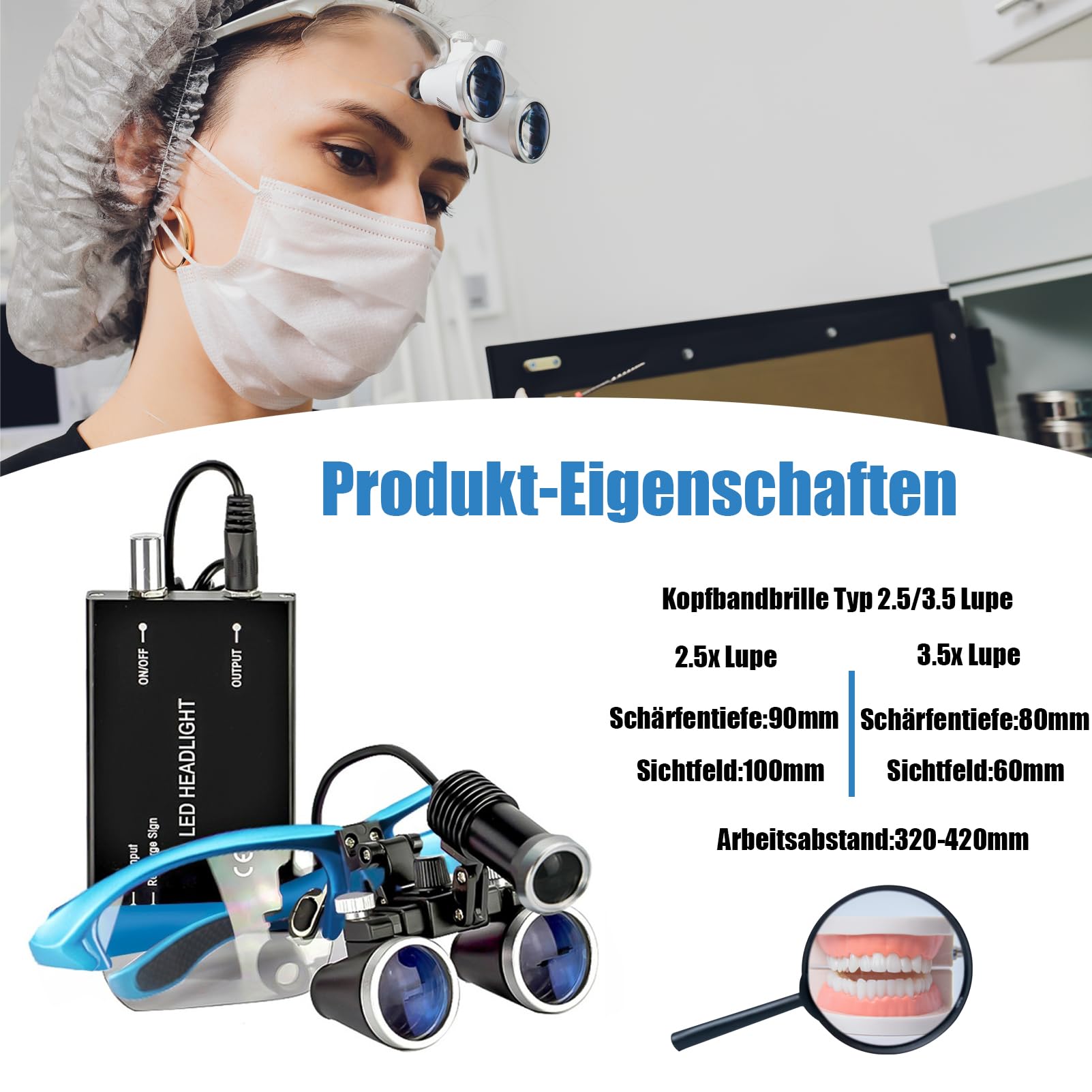 Zahnärztliche Brille, fache Fernglas-Lupe, Dentallupe 3,5X 420 mm Arbeitsabstand aus optischem Glas, inkl.Alu-Koffer