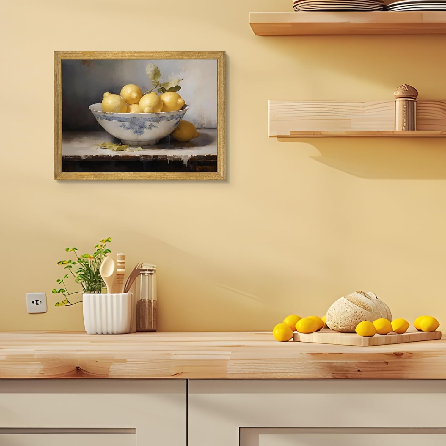 Vintage Kitchen Wall Decor, Dining Room Wall Art, Yellow Lemon Still Life Print Oil Paintings, Rustic Farmhouse Artwork Canvas Posters Prints Picture Home Decor 12x16 Inch Wood Framed