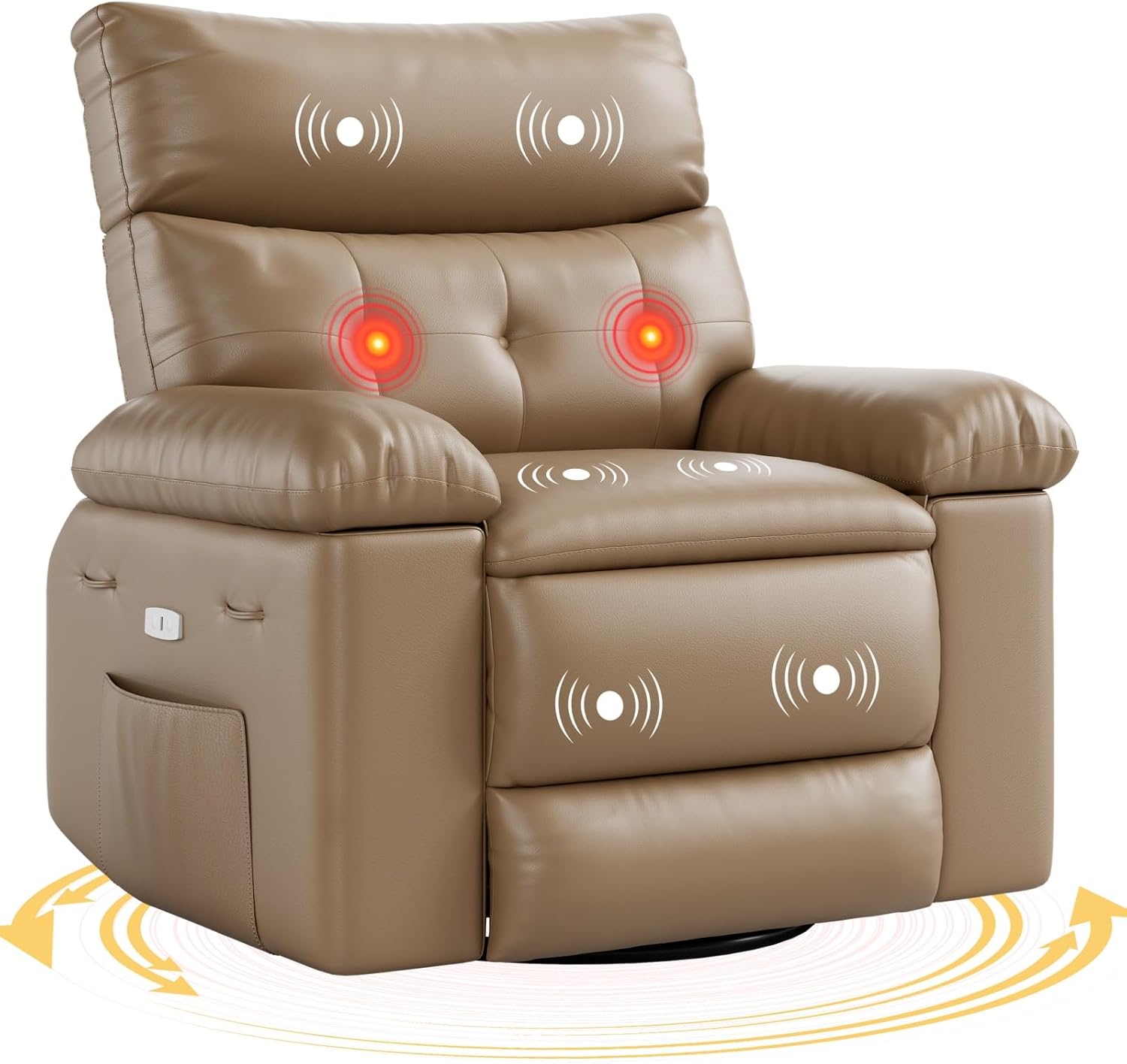 GarveeHome Swivel Electric Massage Chair, Power Rocking Recliner with Vibration and Heating, Overstuffed PU Leather Single Sofa with USB Port and Storage, Glider for Living Room Nursery