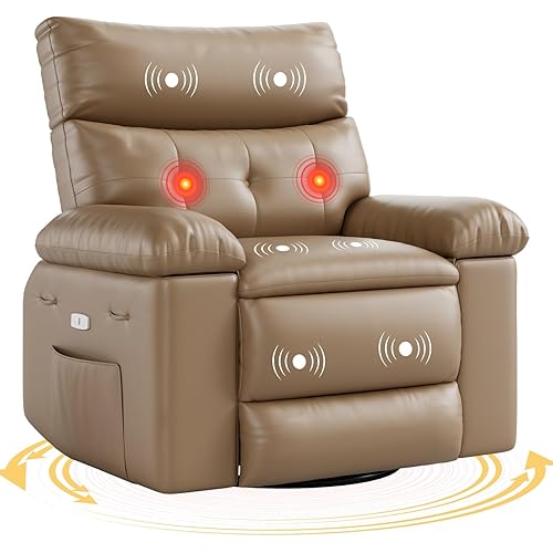 GarveeHome Electric Swivel Massage Chair, Power Rocking Recliner with Vibration and Heating, Overstuffed PU Leather Single Sofa with USB Port and Storage, Glider for Living Room Nursery