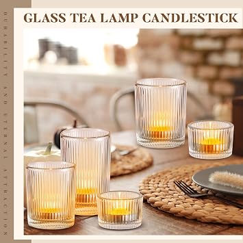Mumufy 48 Pcs Assorted Votive Candle Holders Ribbed Glass Tealight Candle Holder Bulk for Table Centerpiece, Baby Shower, Home and Wedding Party Decoration (Clear)