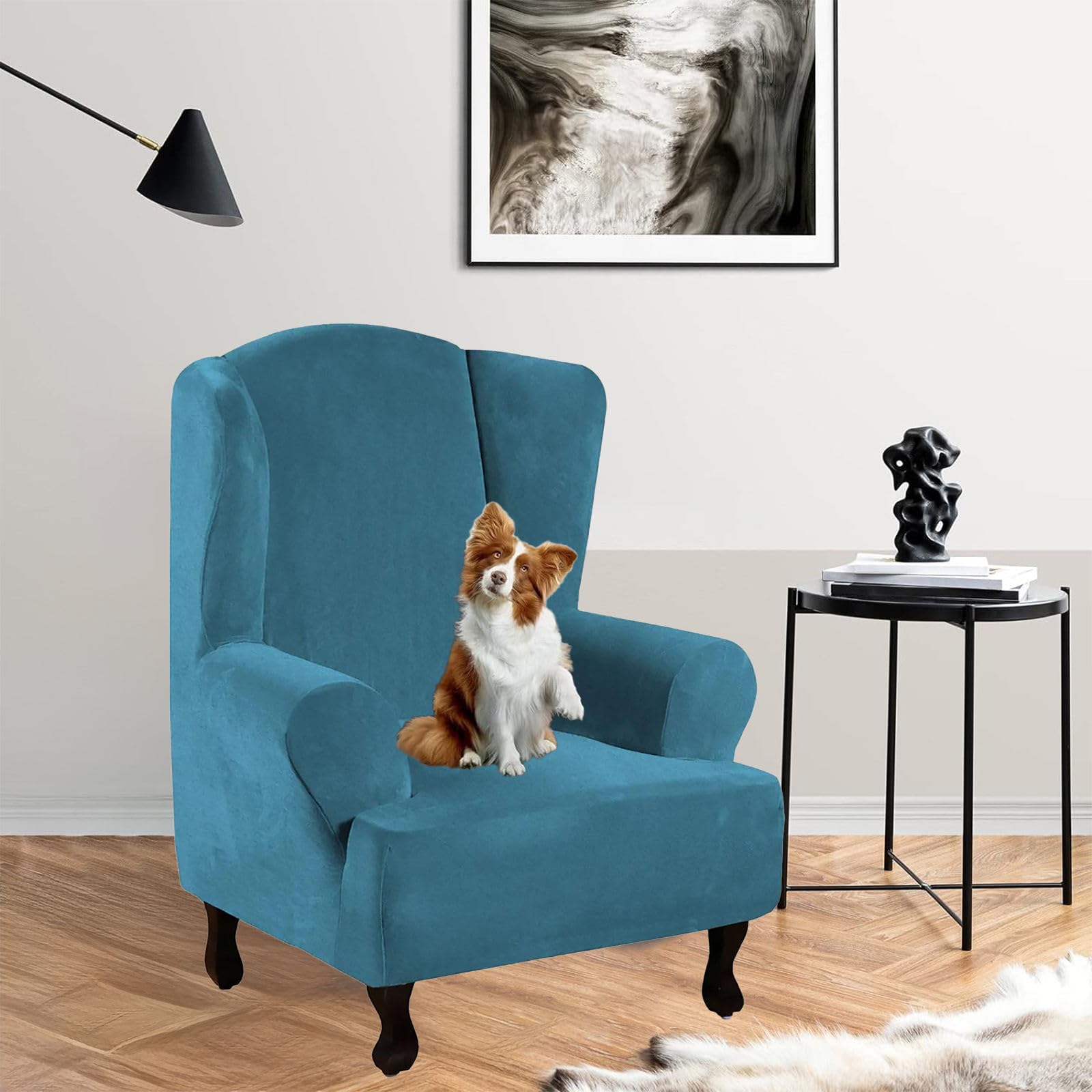 CLGTY Stretch Wingback Chair Slipcover, Velvet Wing Chair Cover 1 Piece Soft Wing Back Chair Covers with Arms with Elastic Bottom Thick Furniture Protector Washable-Peacock Blue-Wing Chair