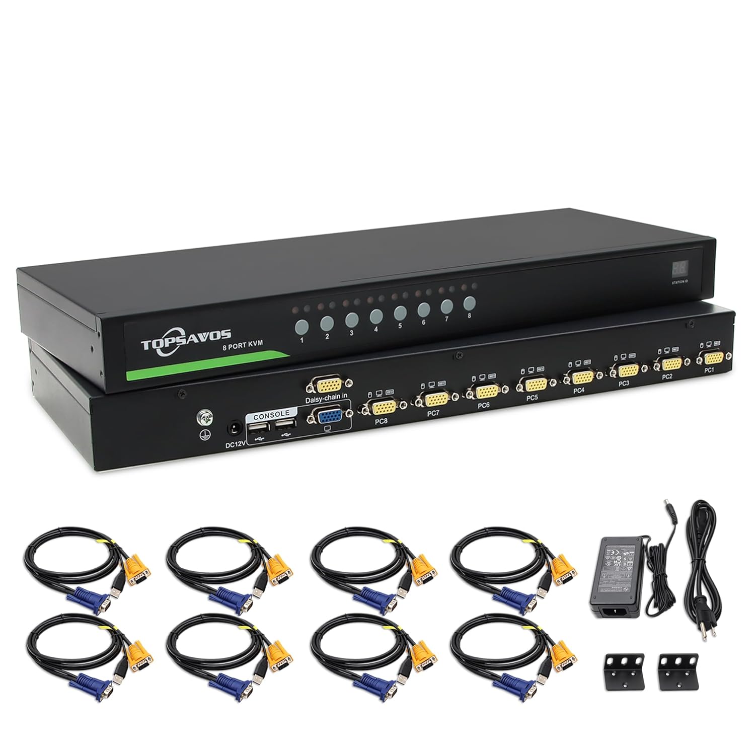 8-Port VGA 1U Rack Mount KVM Switch, 8 x VGA Cables Included, Up to 2048 x 1536 Resolution with DDC2B, 8 in 1 Out, Hotkey Button OSD Switching for Windows,Linux,Unix,Solaris (Sun), Redhat,Ubuntu