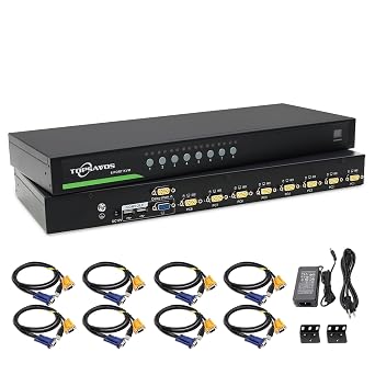 8-Port VGA 1U Rack Mount KVM Switch, 8 x VGA Cables Included, Up to 2048 x 1536 Resolution with DDC2B, 8 in 1 Out, Hotkey Button OSD Switching for Windows,Linux,Unix,Solaris Sun, Redhat,Ubuntu