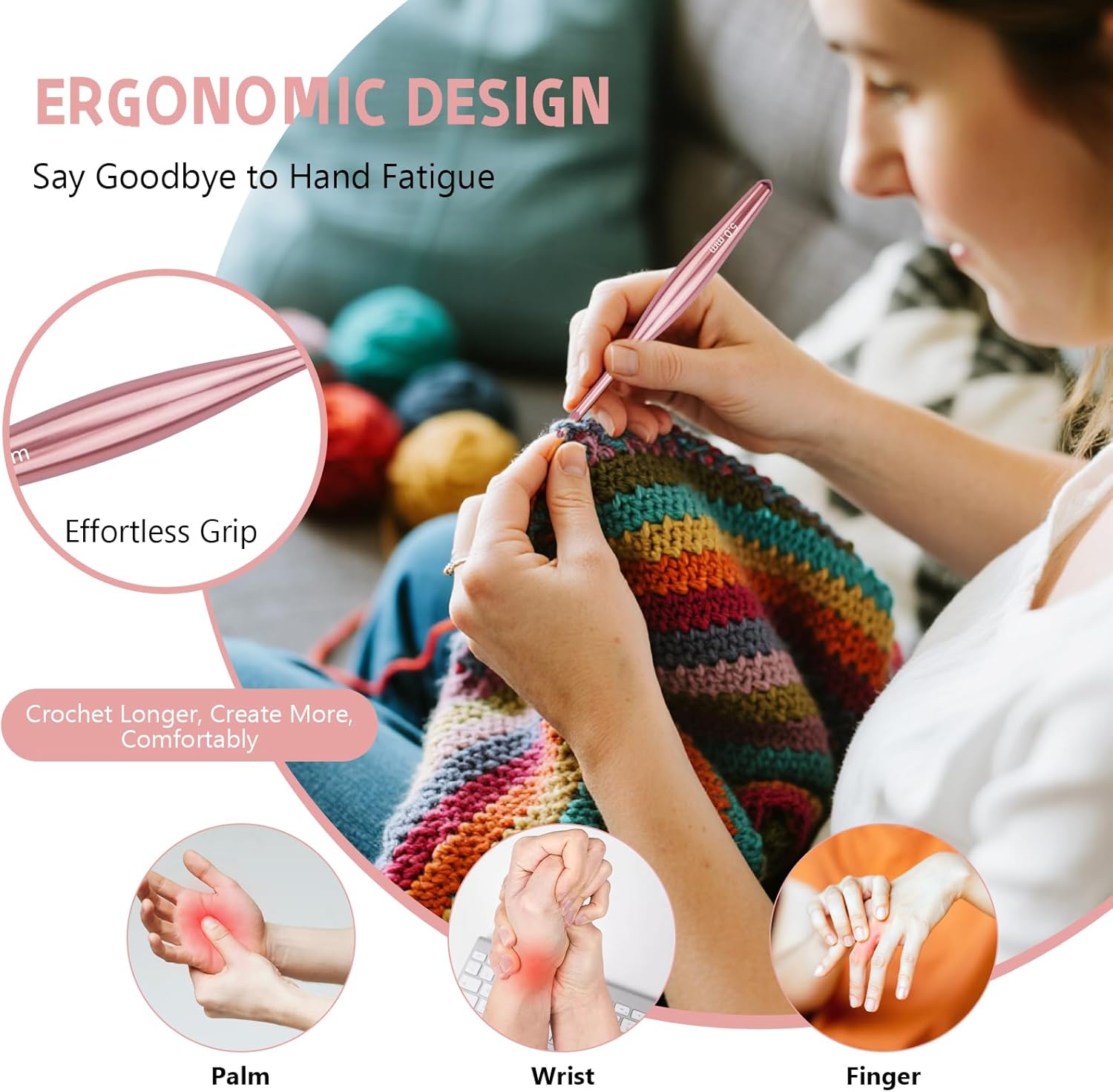 Mdoker Newest Aluminum Crochet Hook Set with Case Ergonomic Grip Crochet Hooks,Non-Slip Hooks for Arthritic Hands, Perfect Crochet Gift for Women,3mm-10mm