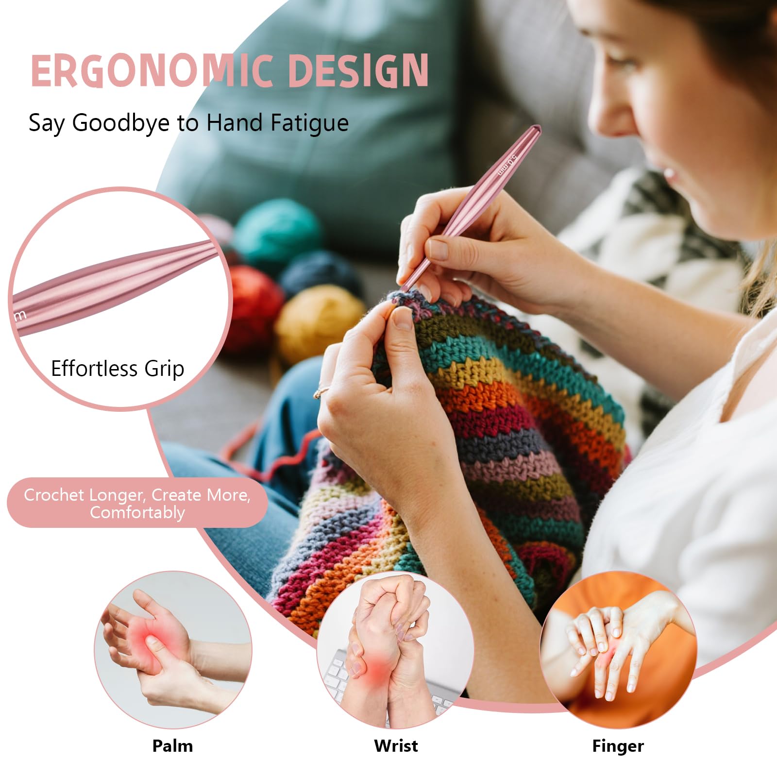 Mdoker Aluminium-Häkelnadel-Set mit Etui, ergonomischer Griff, rutschfeste Haken für arthritische Hände, perfektes Häkelgeschenk für Frauen, 3 mm - 10 mm