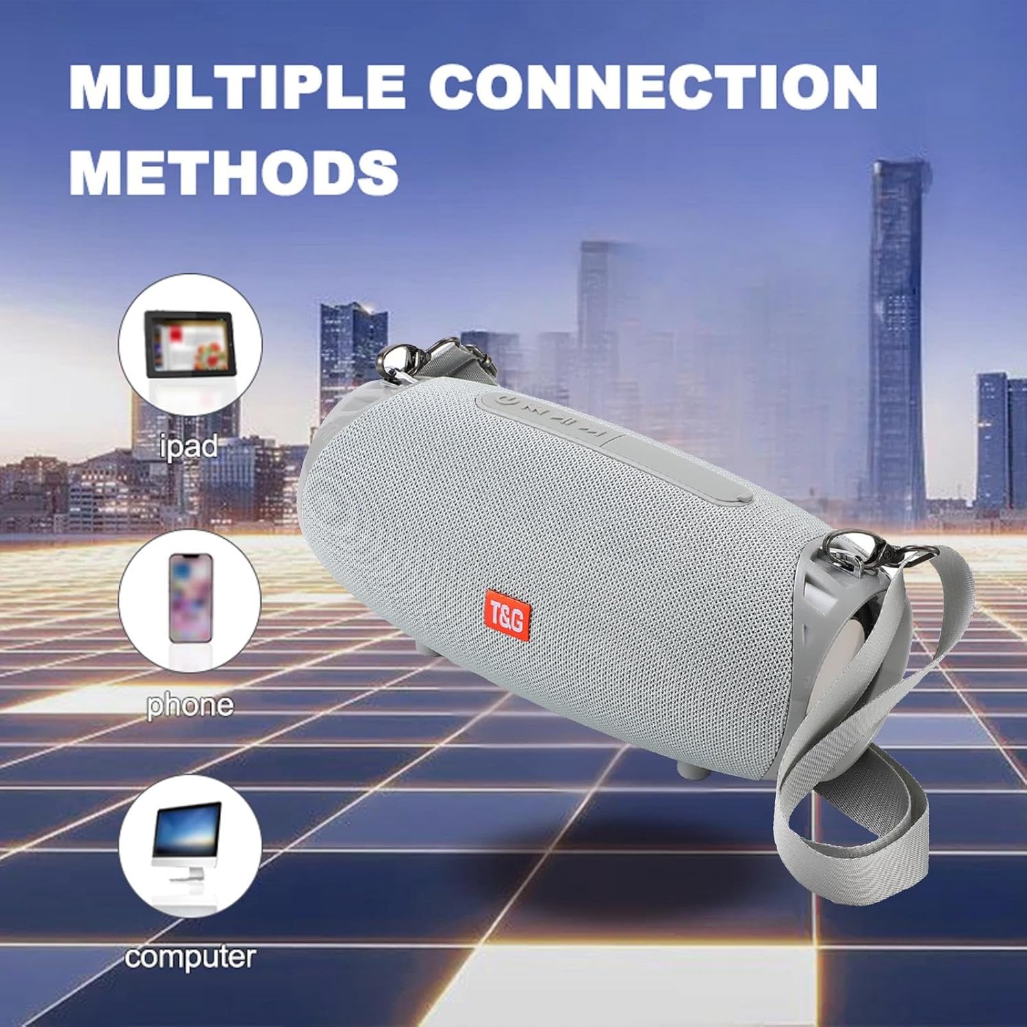 T&G Portable Bluetooth Speaker, 30W Wireless Dual Speakers with TWS Hi-Res Audio, Supports TF Card, USB Drive, Built-in Microphone, Lanyard for Outdoor, Party, Beach, Travel-White - Image 3