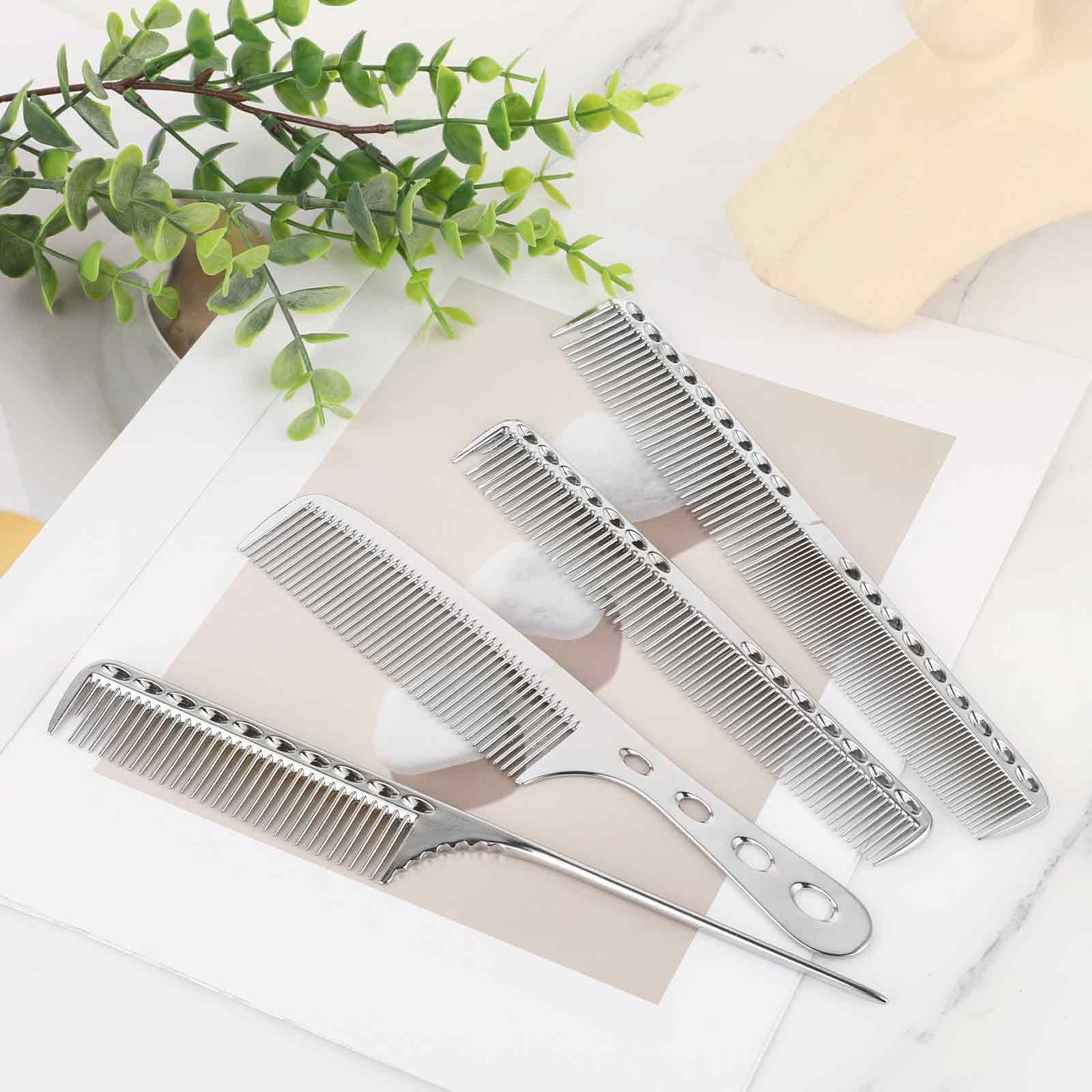 Zestaw aluminiowych metalowych grzebieni do włosów, 4 sztuki, profesjonalny grzebień fryzjerski, antystatyczny fryzjer, salon fryzjerski, odporny na wysokie temperatury, grzebień z trzonkiem