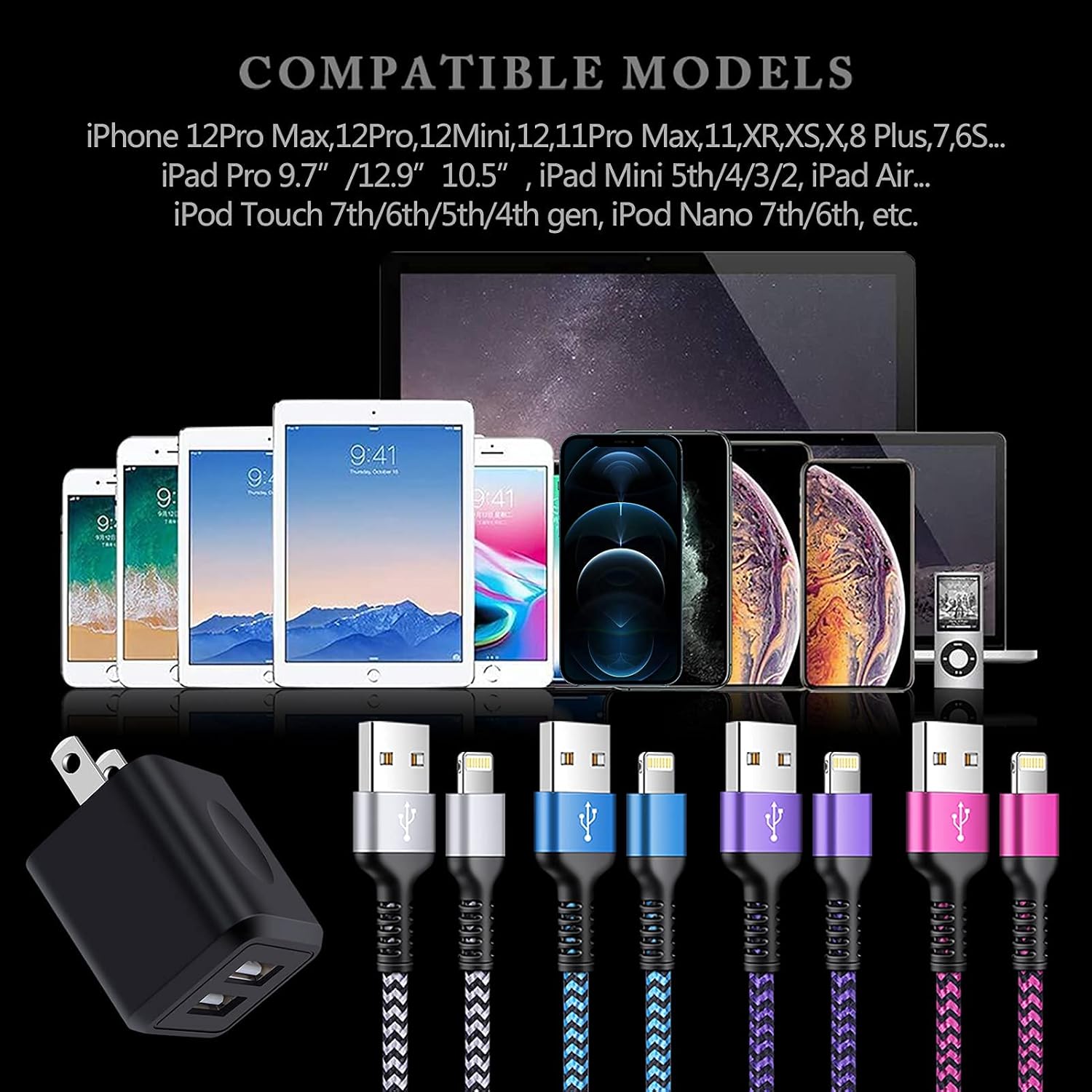 Discount iPhone Charger[4+2Pack], USB Cable Fast Charging Braided Multi Color Long Cord with Dual Port USB Plug Wall Charger Adapter for iPhone 13 12 Pro Max Mini/SE/11 Pro Max/XS/XR/X/8/7 Plus/6s/6, iPad Air