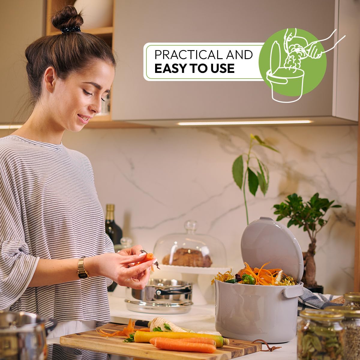 Skaza Organko Daily Poubelle à Compost 3,3L – Petite Poubelle de Cuisine avec Couvercle, Plastique Recyclé, Cappuccino