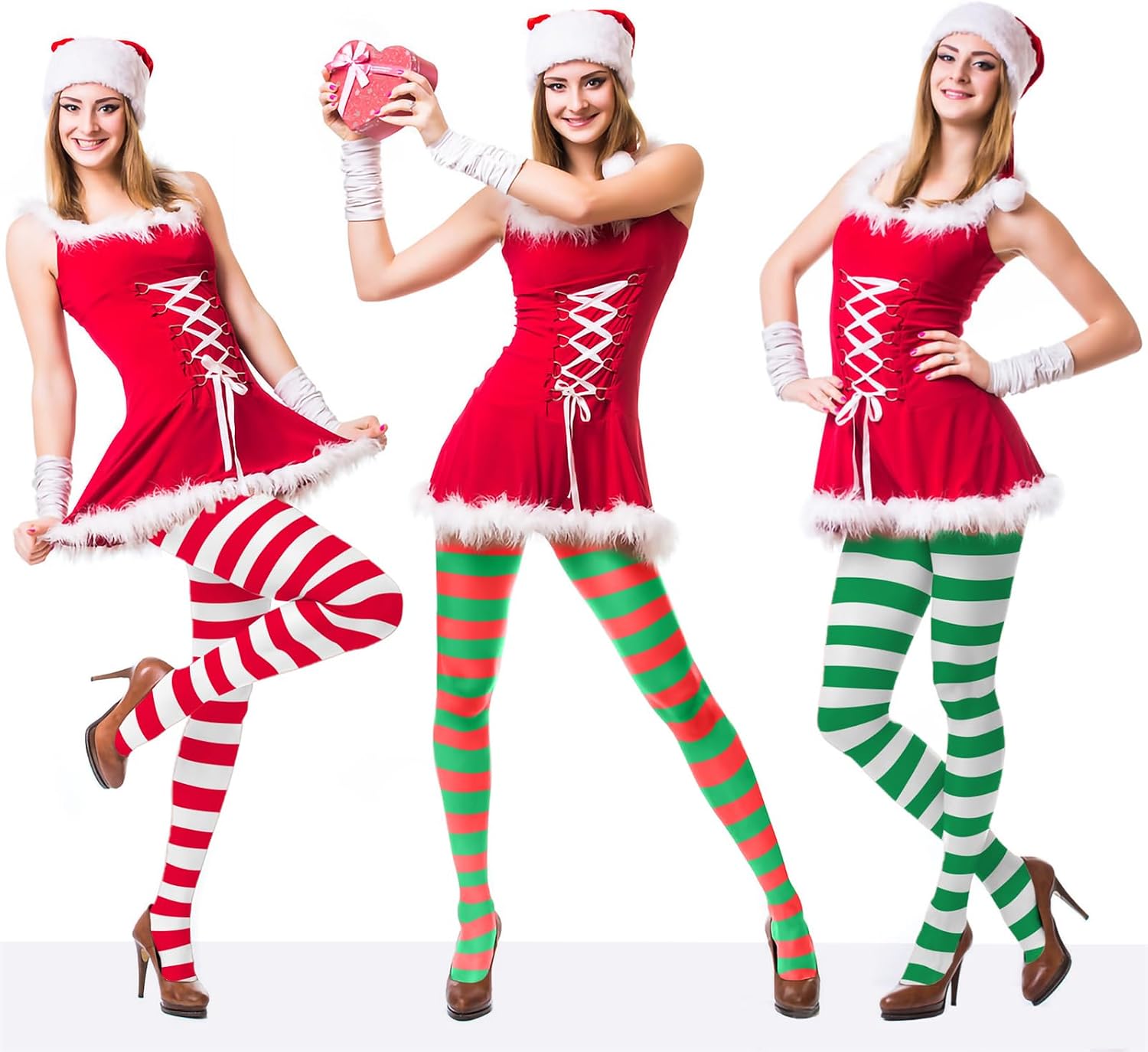 YKYOBFA 3 Pairs Christmas Striped Tights Full Length Tights Thigh High Stocking for Christmas Costume Accessory
