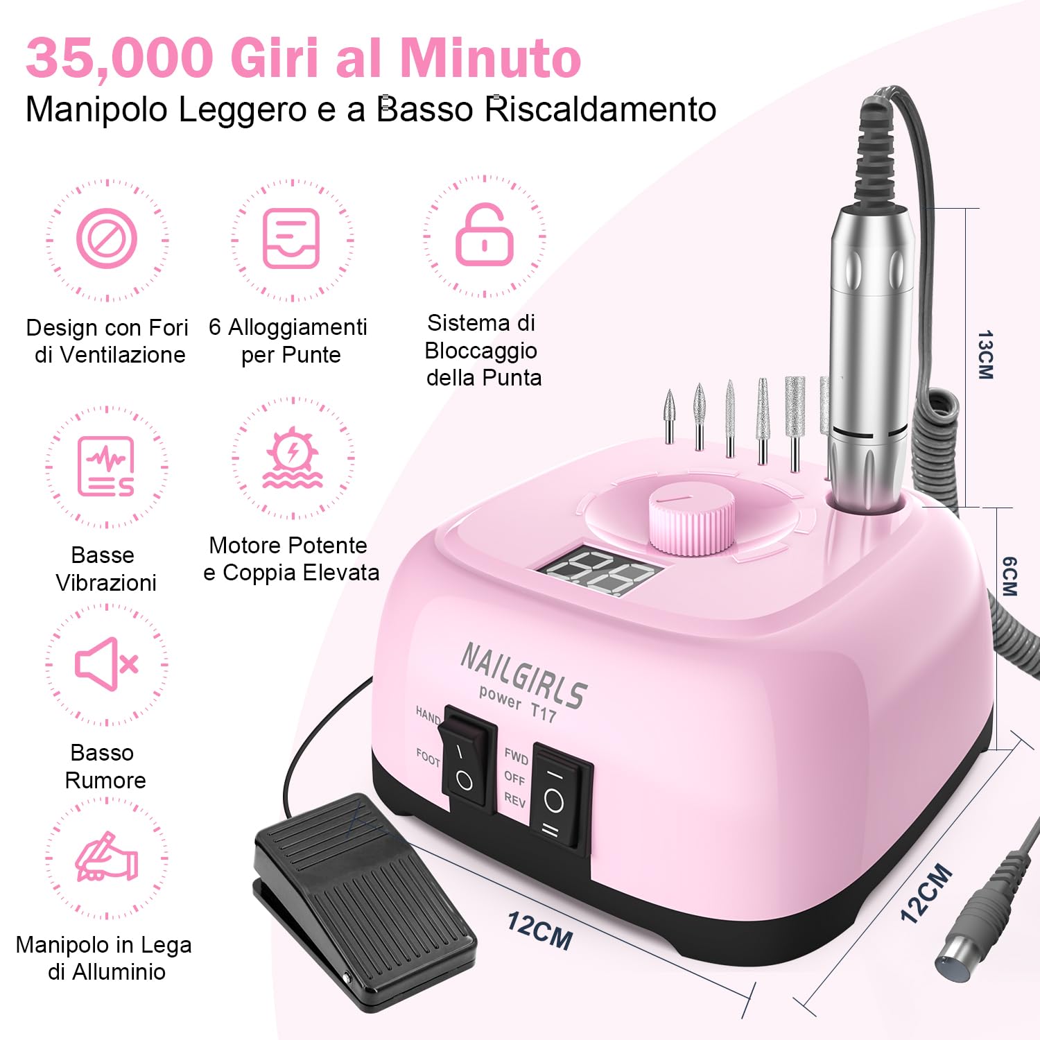 NAILGIRLS 11-in-1 elektrischer Nagelfräser für Maniküre und Pediküre, 35.000 U/min, einstellbare Geschwindigkeit, intelligente LED, tragbare elektrische Nagelfeile (Rosa)