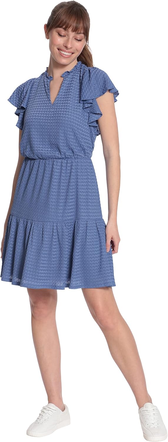 London Times Women's Women's Flutter Sleeve Notch Collar Tiered Fit and Flare