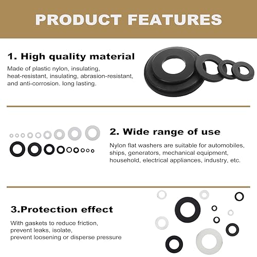 Miniatura 5 de QTEATAK Kit surtido de 420 arandelas planas de nailon negroblanco para tornillos y pernos M2 M2.5 M3 M4 M5 M6 M8 M10 M12