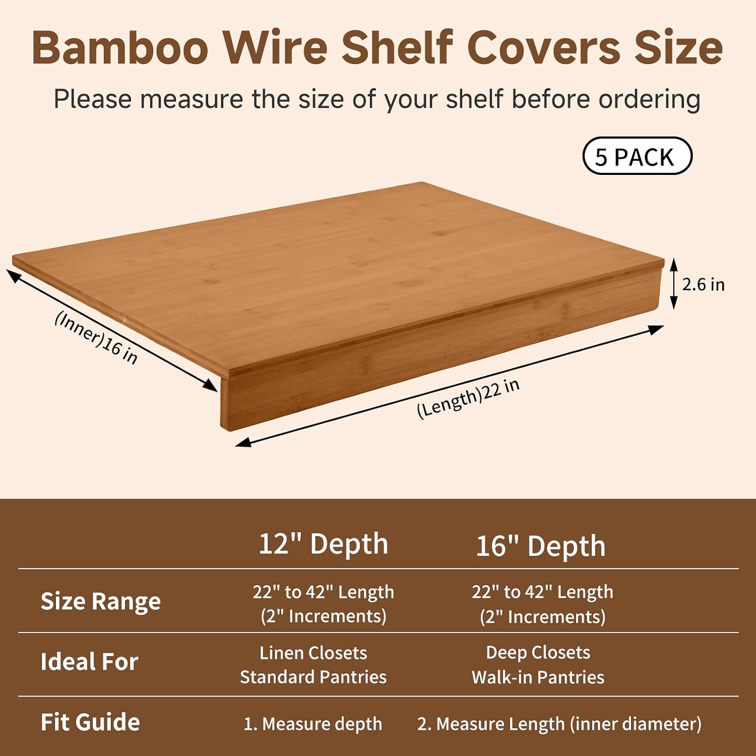 Wire Shelf Covers for Shelves, Bamboo, 5Pcs, 22" W x 16" D