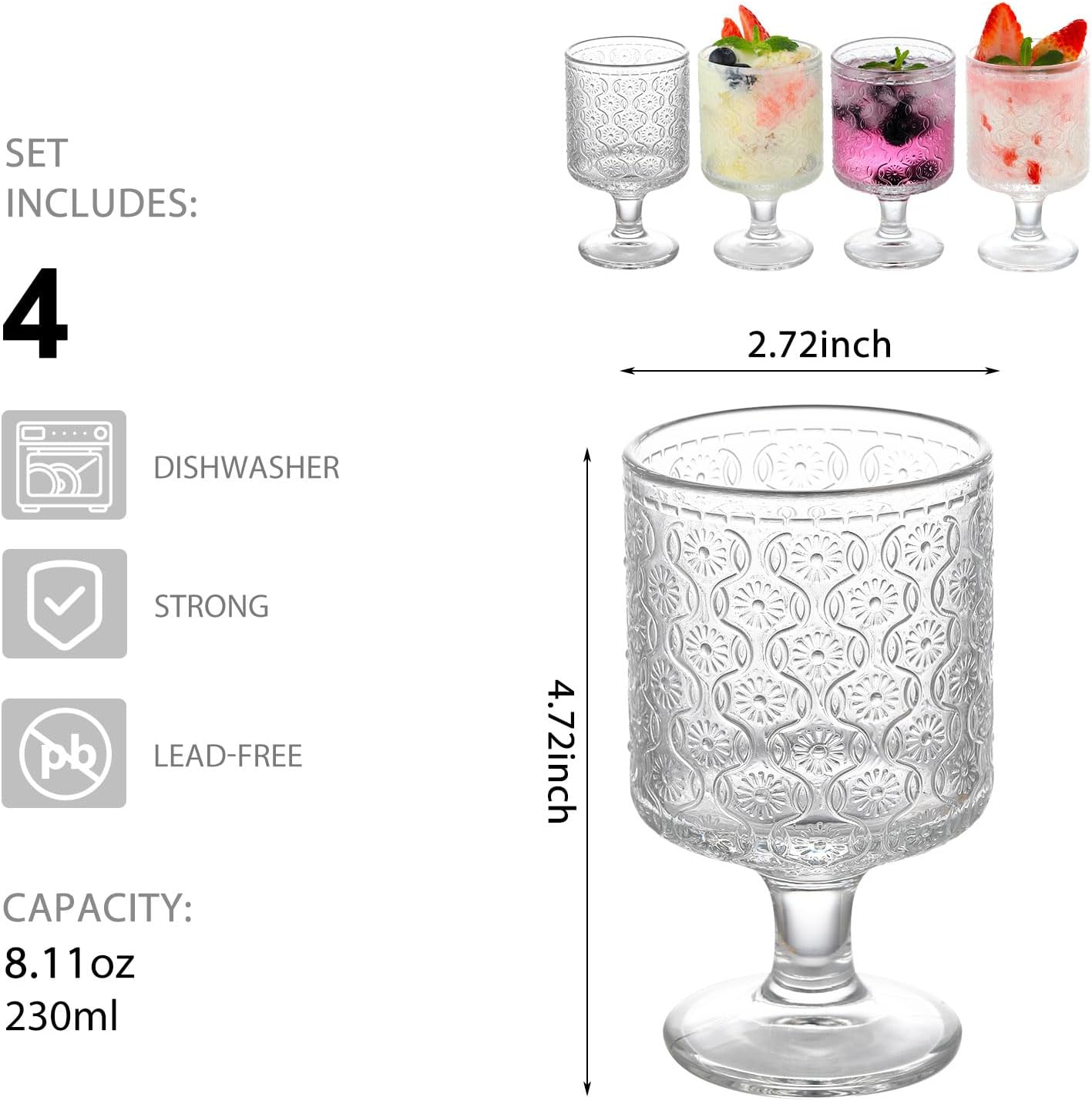 WHJY Cute Wine Glasses Set of 4, Cute Cocktail Glasses, 8 oz Vintage Glasses, Short Stem Wine Glasses - Floral